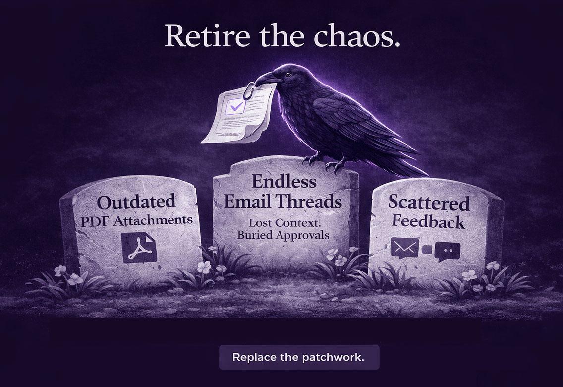 Retire the chaos — outdated PDF attachments, endless email threads, and scattered feedback. PortalRaven centralizes proofs, revisions, approvals, and delivery into one brand workflow.